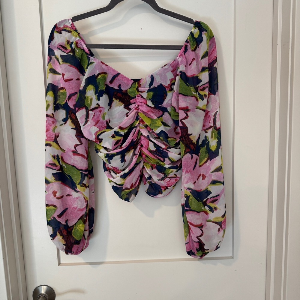 Abercrombie & Fitch Floral Ruched Smocked Long Sleeve Crop Top Pink Green Medium